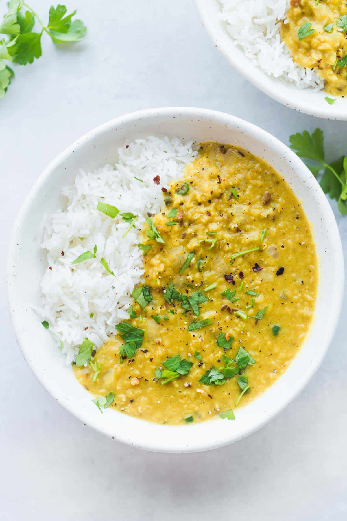 Dahl garnished with chopped fresh cilantro 