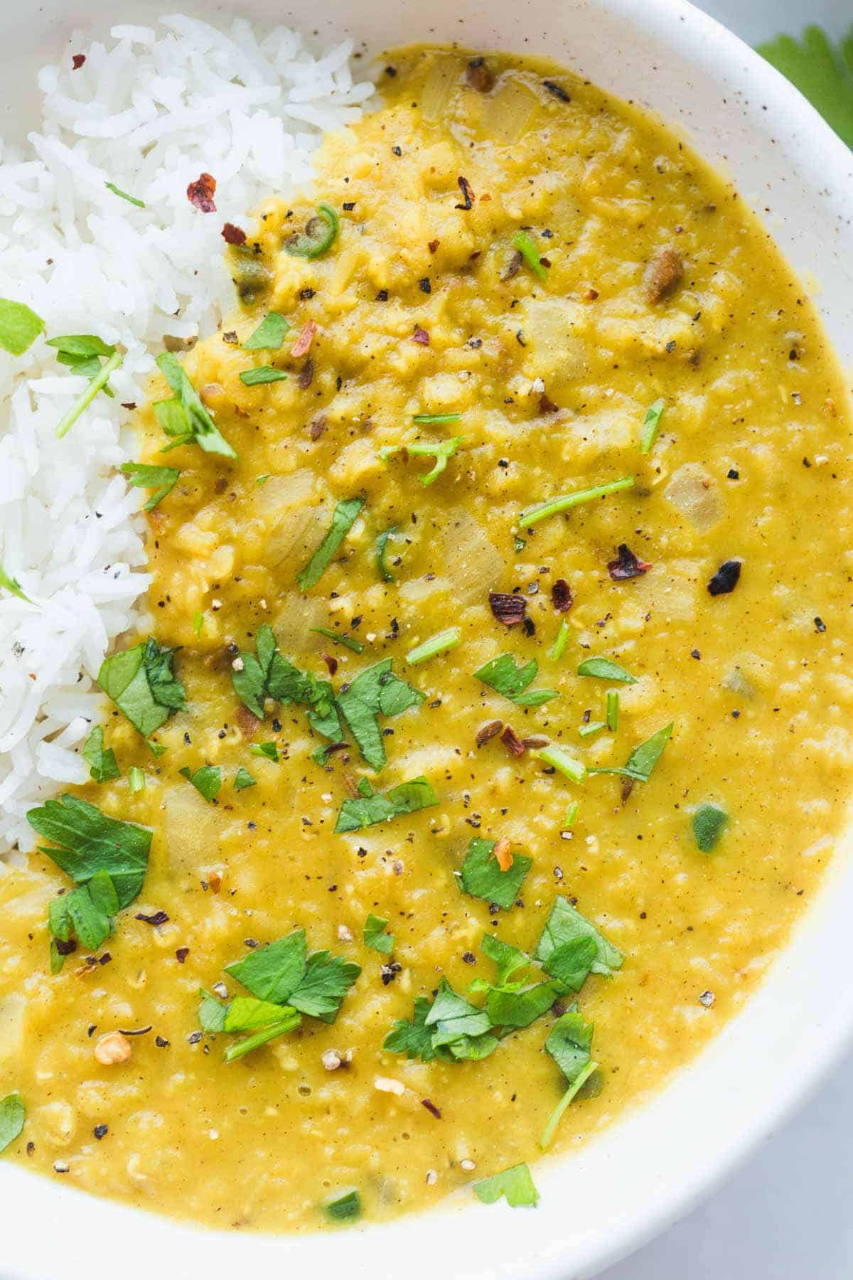 Lentil Dahl served in a white bowl