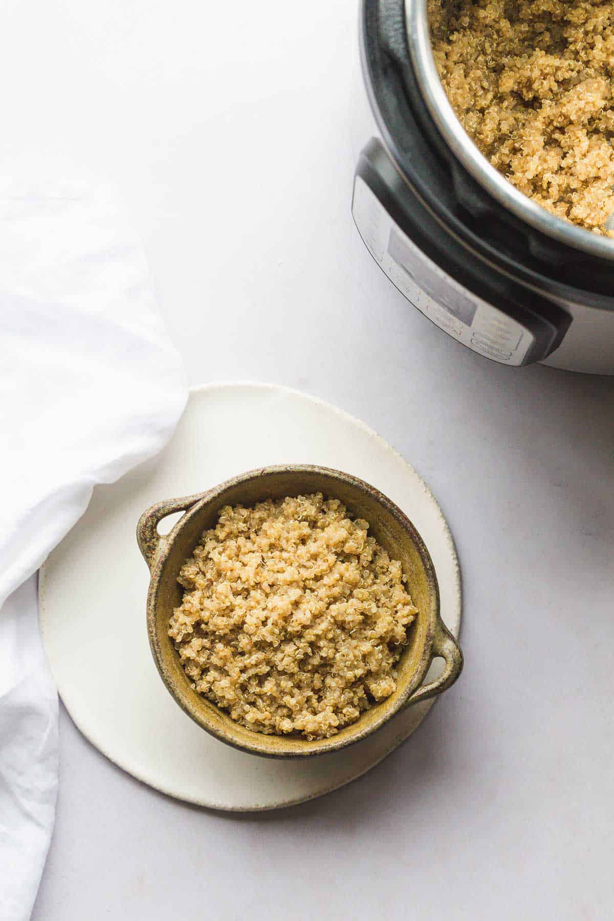 A bowl of cooked quinoa and the instant pot