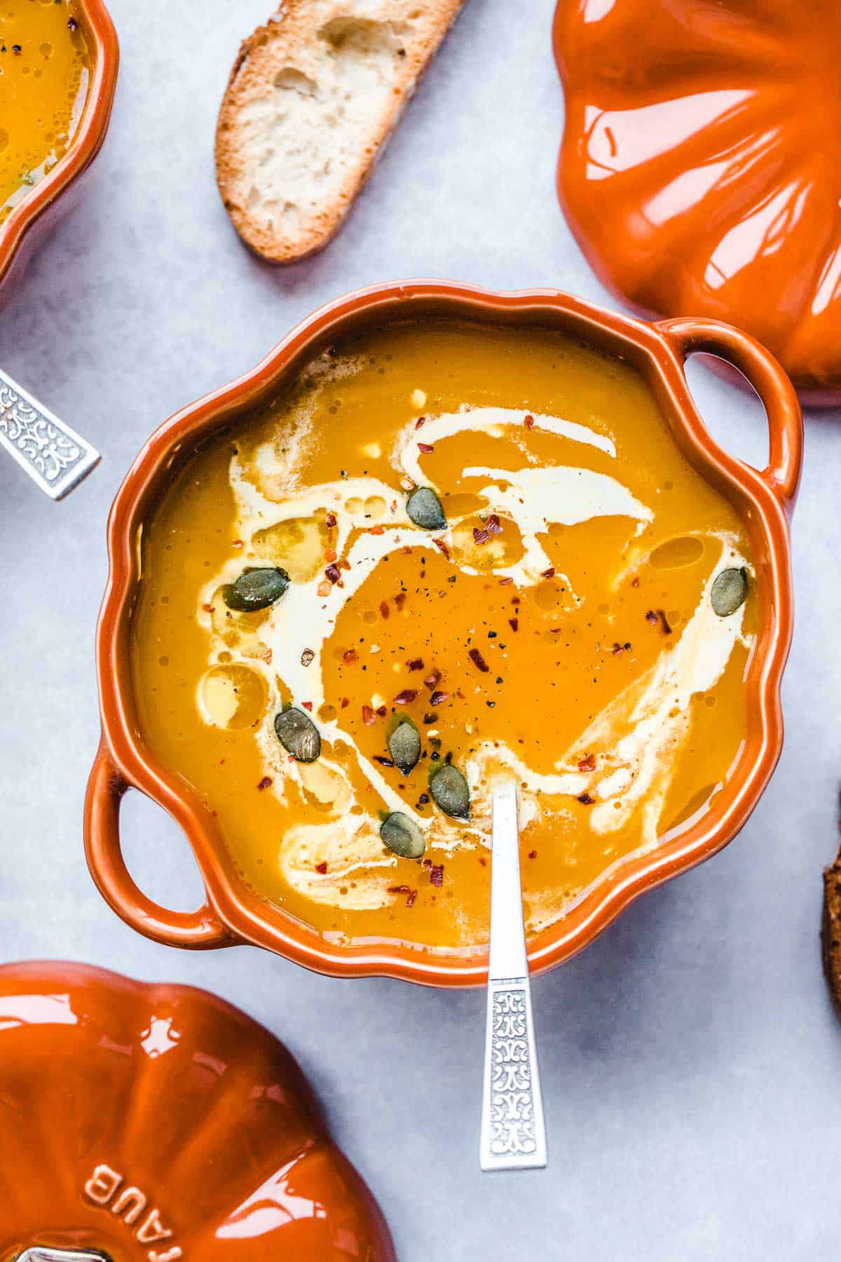 Vegan Pumpkin Soup in a Staub mini pumpkin cocotte