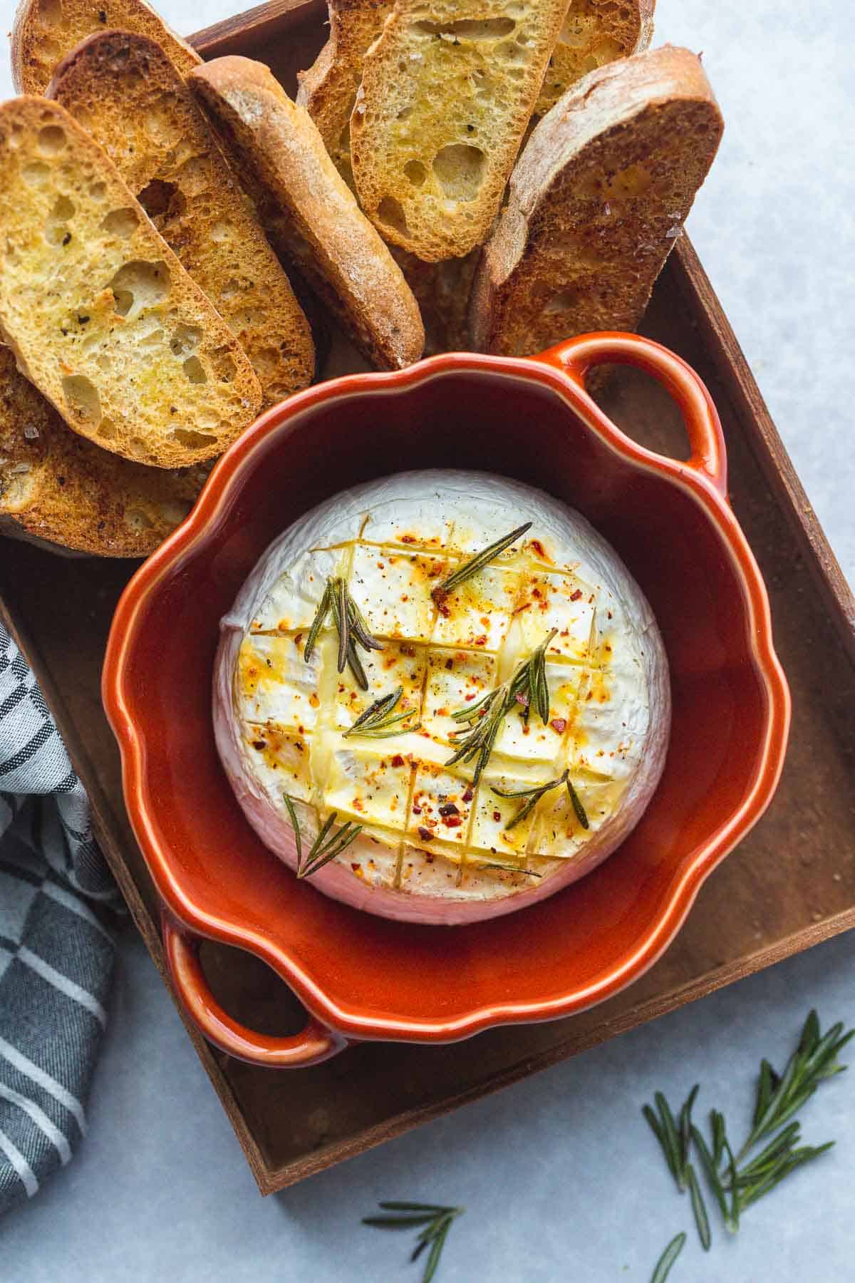 Baked Camembert served with toasted ciabatta bread.