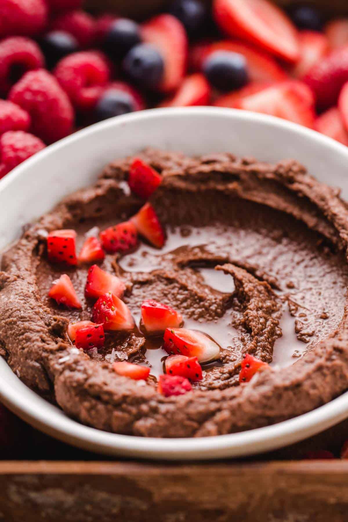 Brownie Batter Hummus garnished with fruits