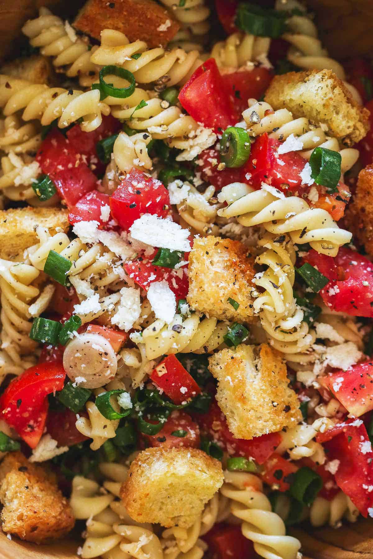 Close up shot of bruschetta pasta salad