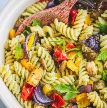 Colorful vegan pasta salad