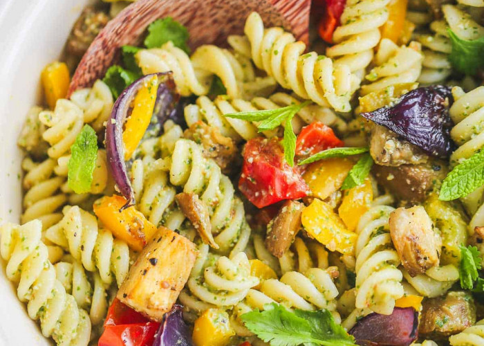 Colorful vegan pasta salad