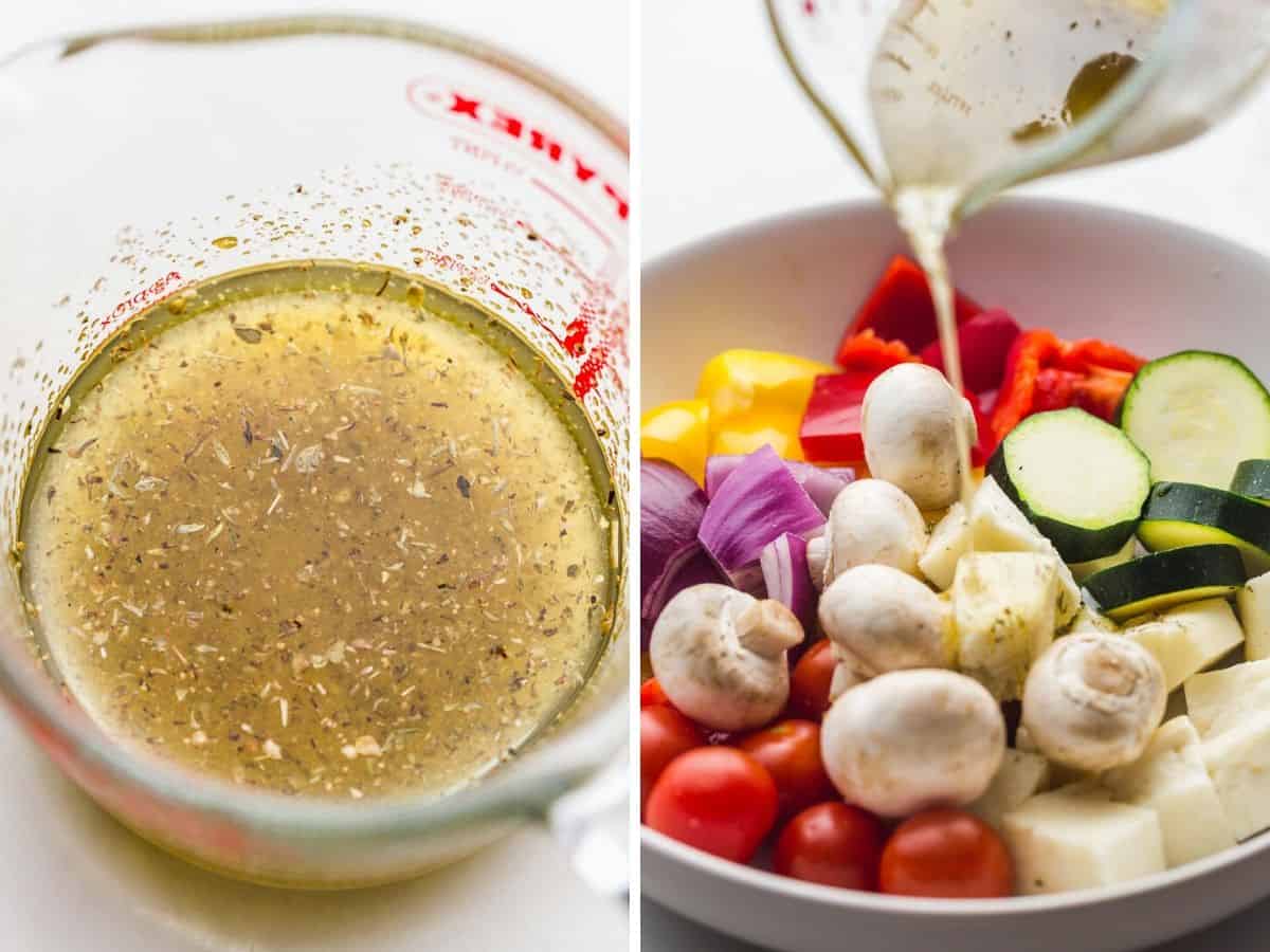A collage of 2 images of a glass jug with the marinade, and an image of the marinade being poured over the prepared chopped vegetables.