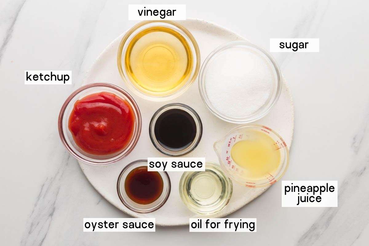 Ingredients to make the sauce, are: Sugar, vinegar, ketchup, soy sauce, pineapple juice, oyster sauce and oil for frying. 