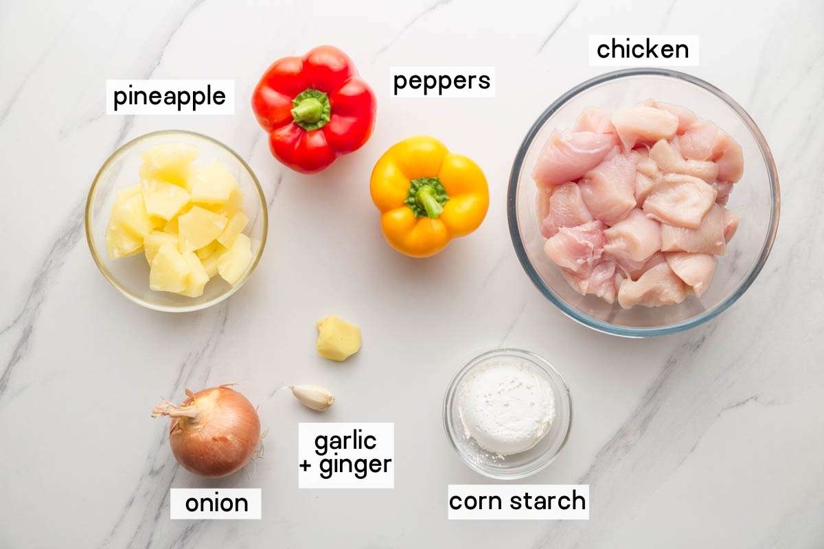 Ingredients for this recipe are: chicken, peppers, pineapple, onion, corn starch, garlic and ginger