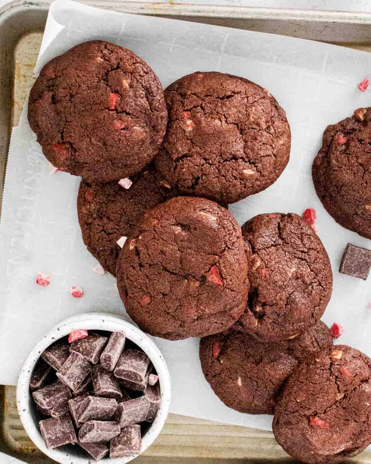 Delicious and chocolaty peppermint cookies on a baking tray