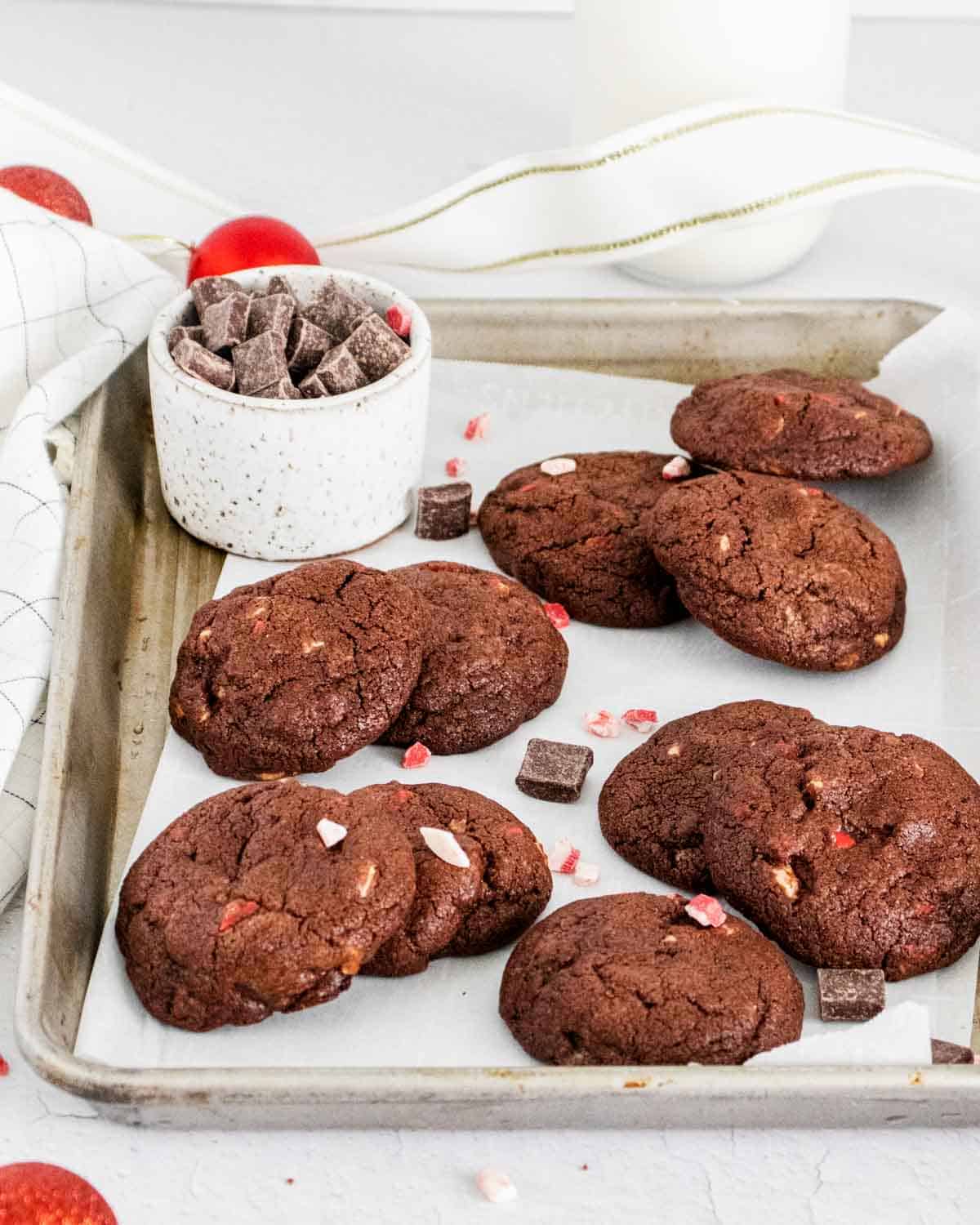 Baked peppermint cookies on a baking sheet  