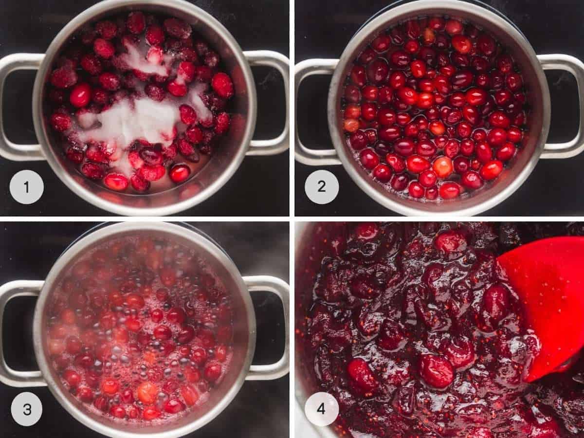 A collage with 4 images on how to make cranberry sauce