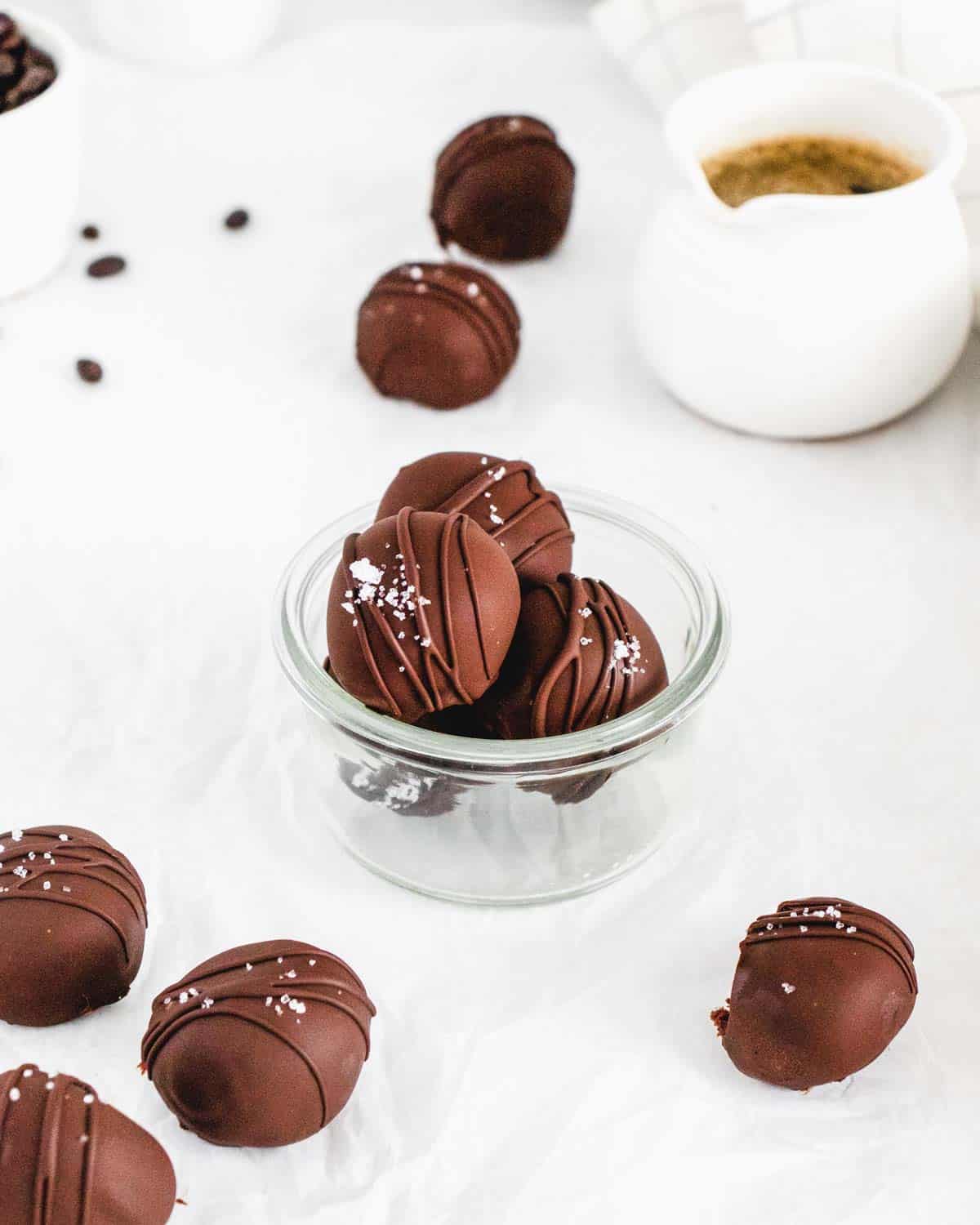 Mocha Chocolate Truffles topped with sea salt and a drizzle of chocolate