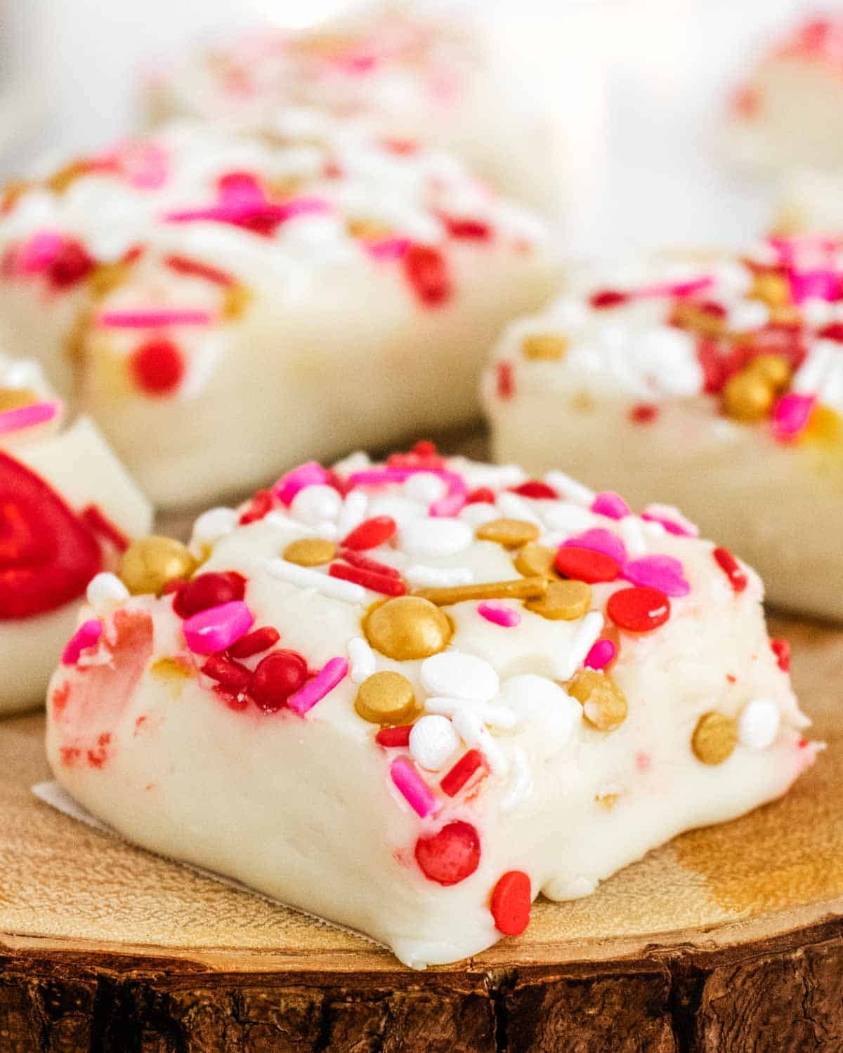 White Chocolate Fudge decorated with colorful sprinkles