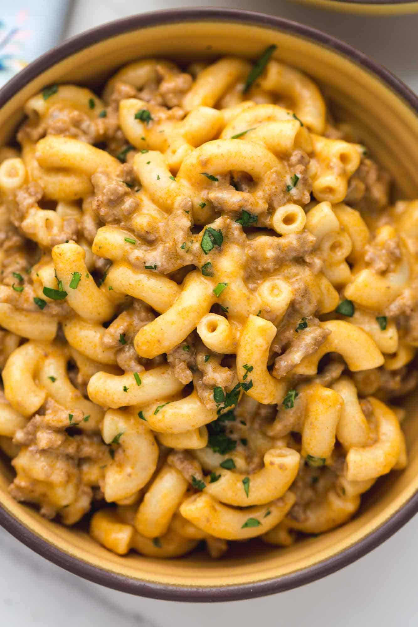 Instant Pot Hamburger Helper served in a rounded bowl