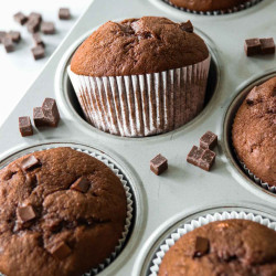 Chocolate banana muffins a in a muffin pan