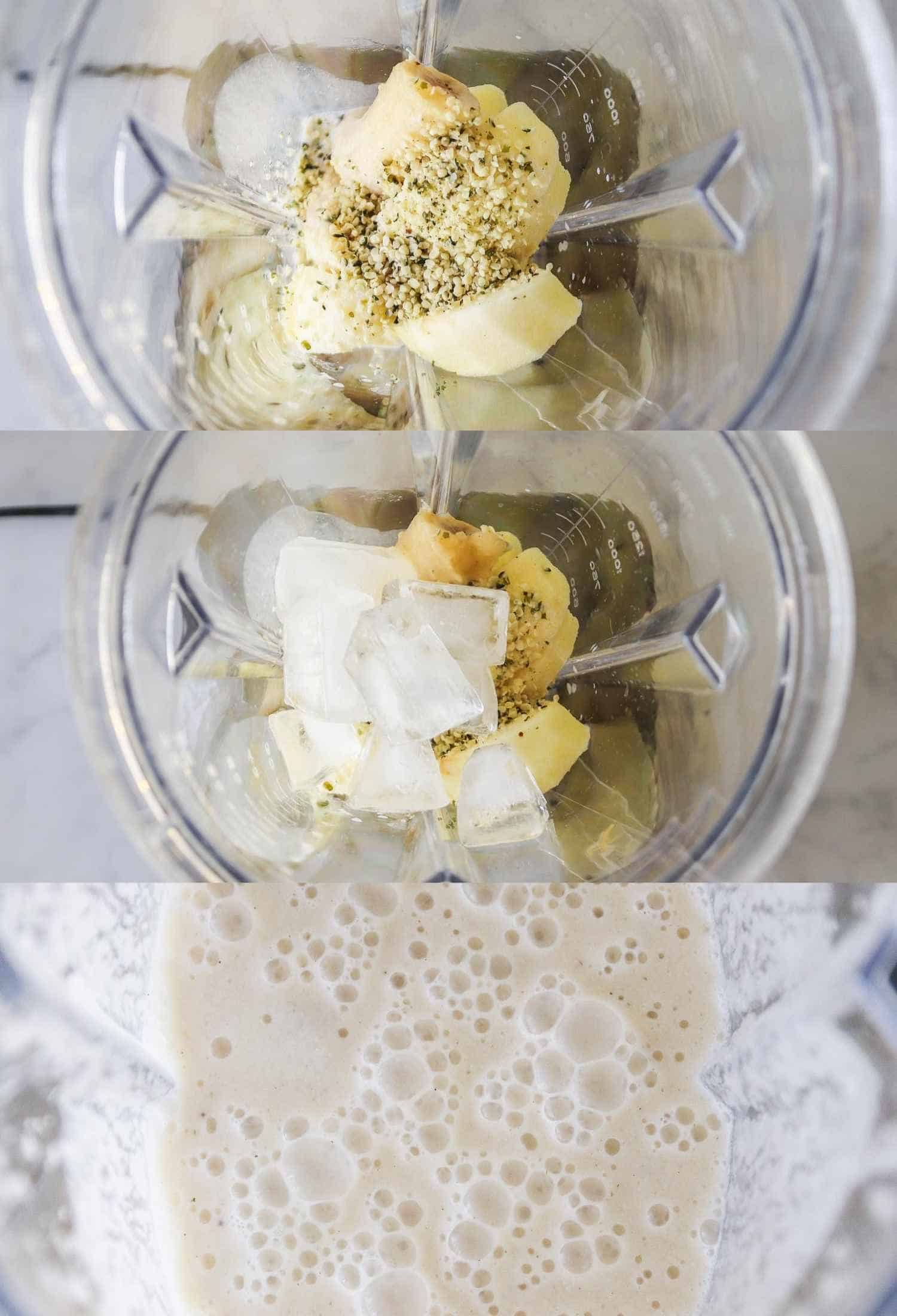 Three photos showing the steps for making this smoothie recipe in a blender jug