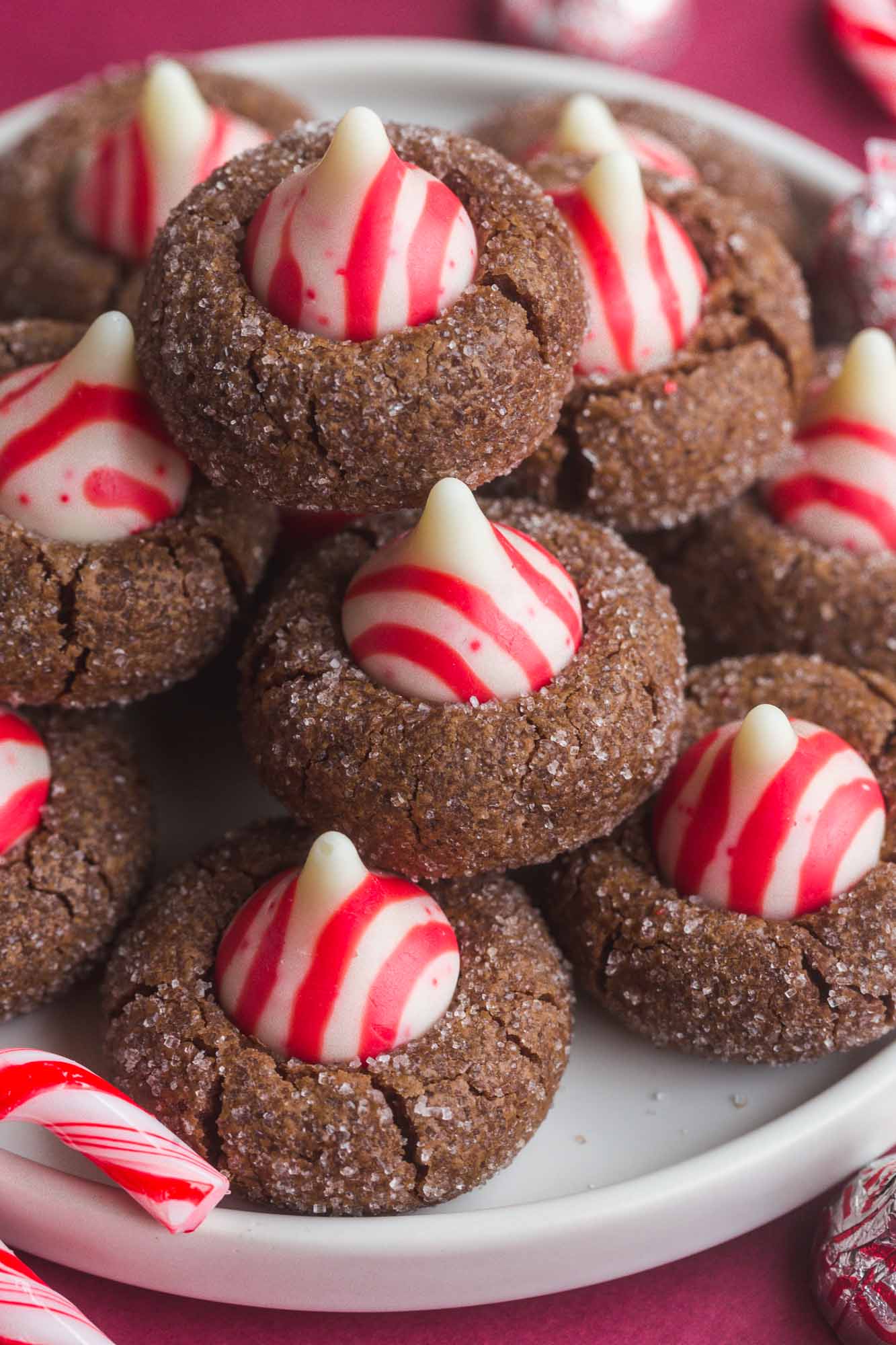 A close up of Chocolate Peppermint Kiss Cookies
