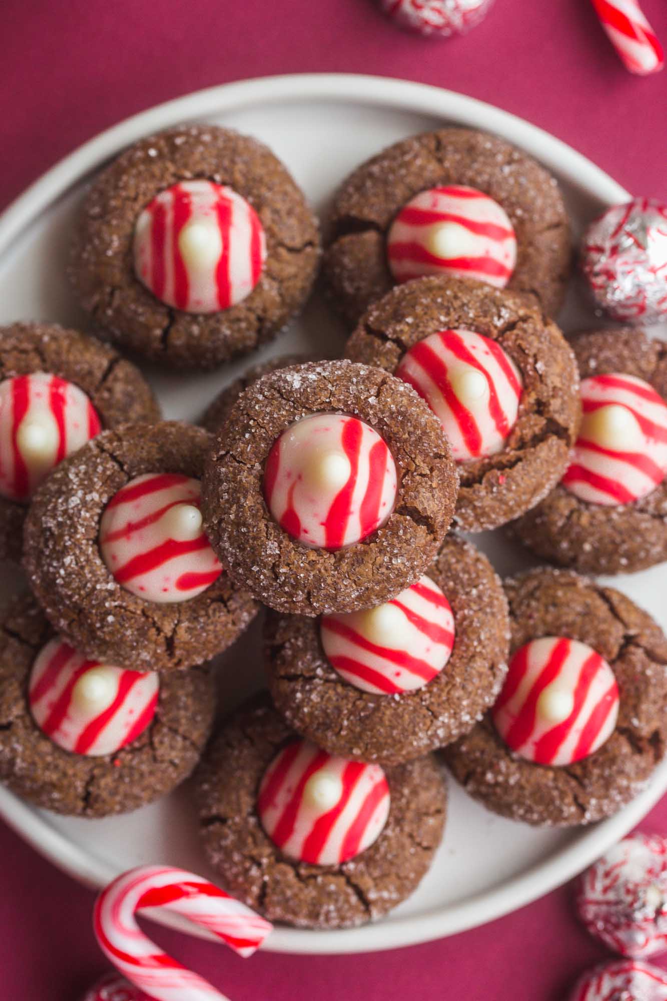 Chocolate Peppermint Kiss Cookies in a white plate