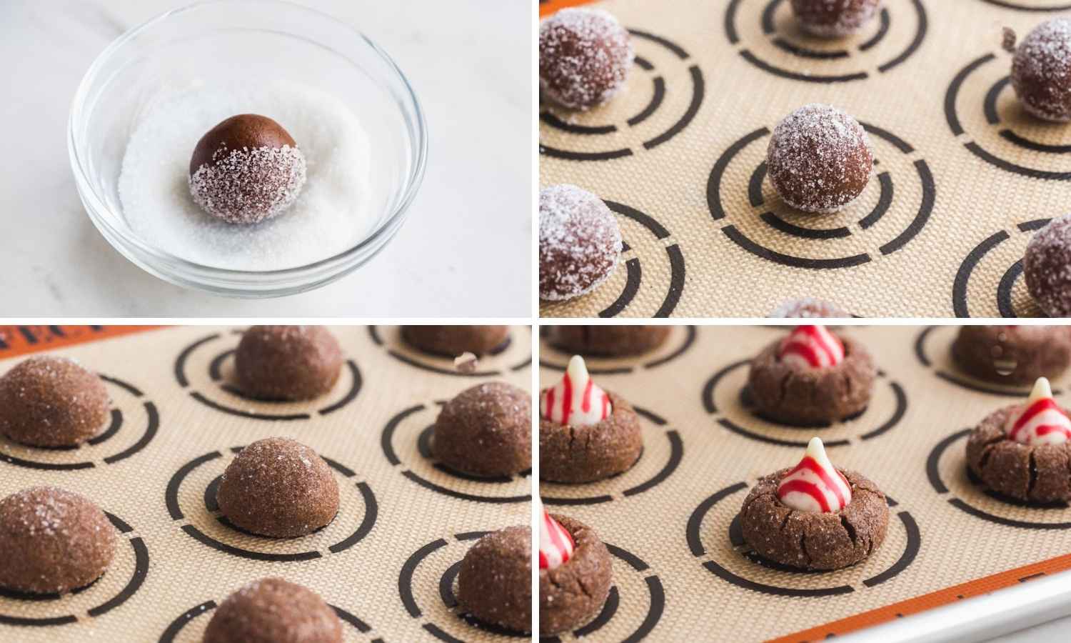 Steps showing how to make Chocolate Peppermint Kiss Cookies