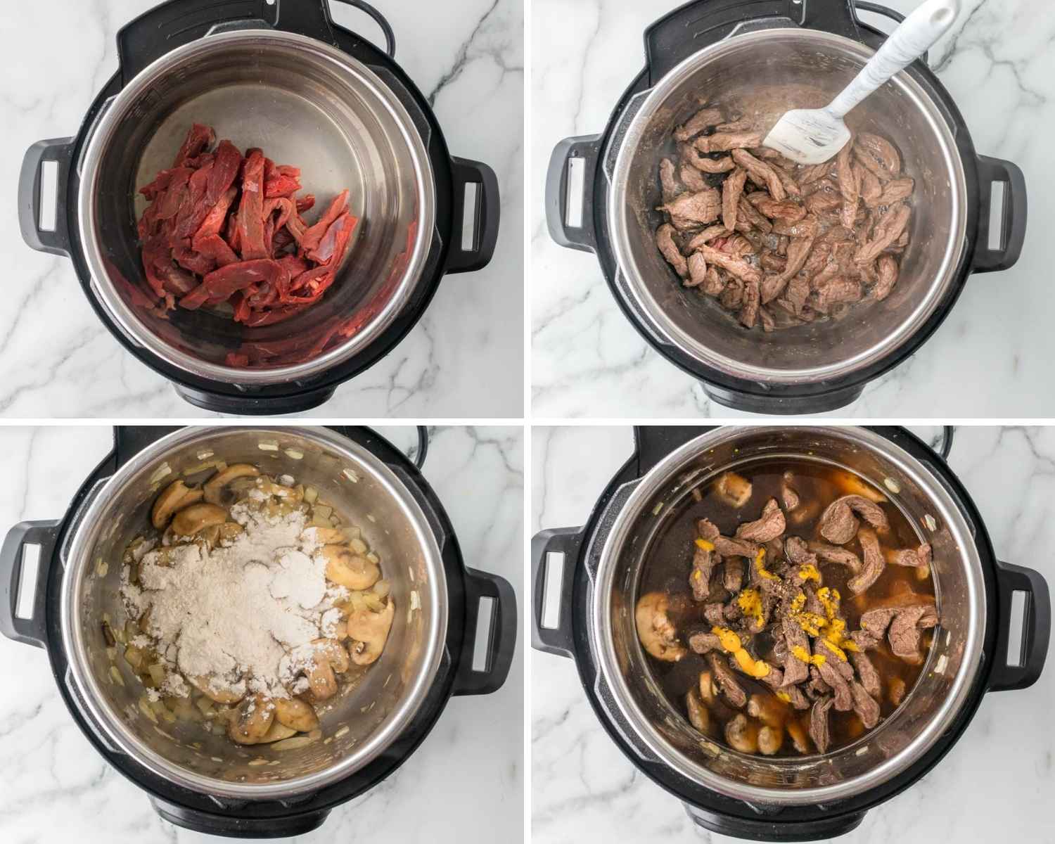 Steps showing how to make Instant Pot Beef Stroganoff 