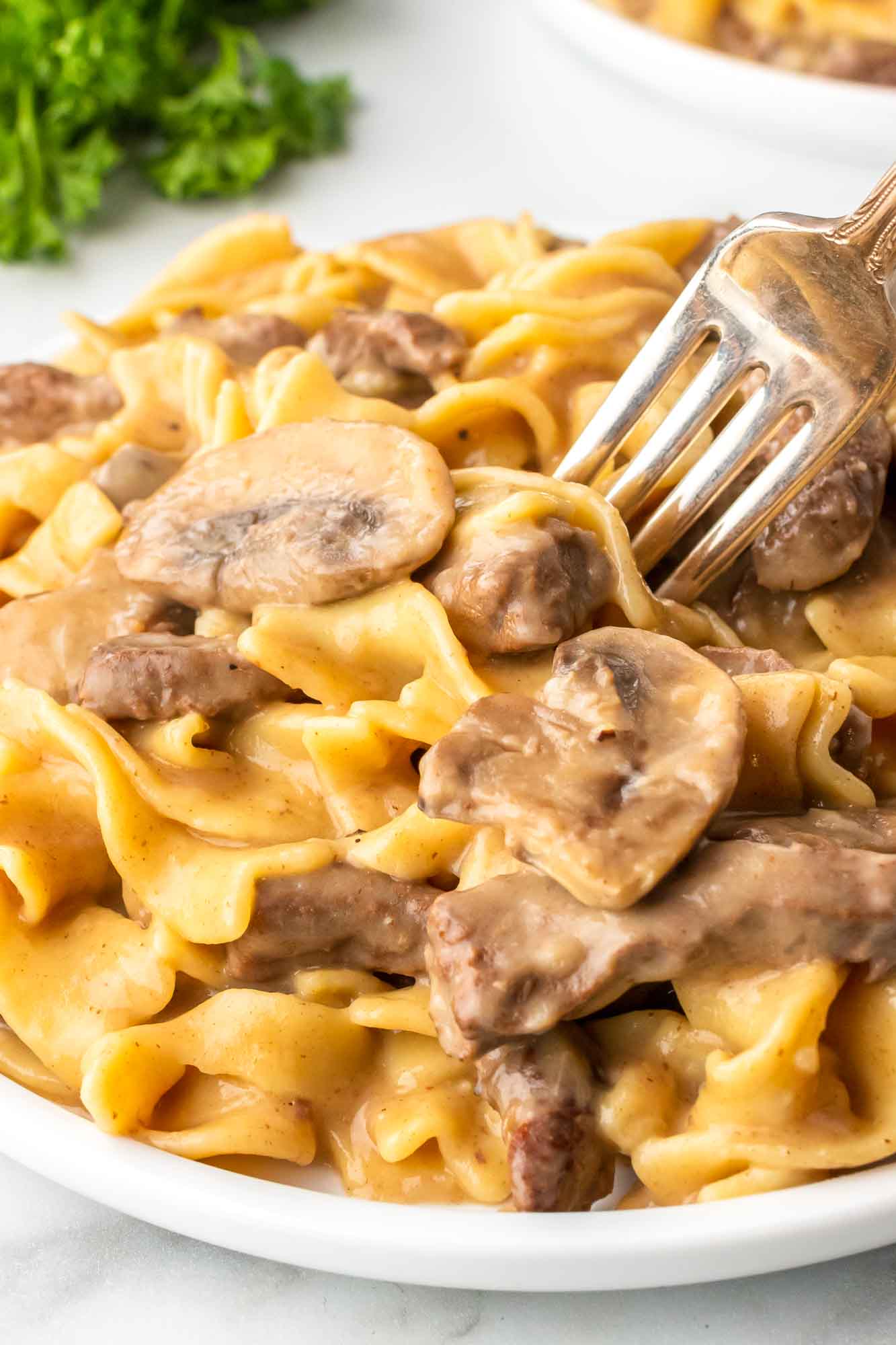A close up of Instant Pot Beef Stroganoff on a plate and a fork