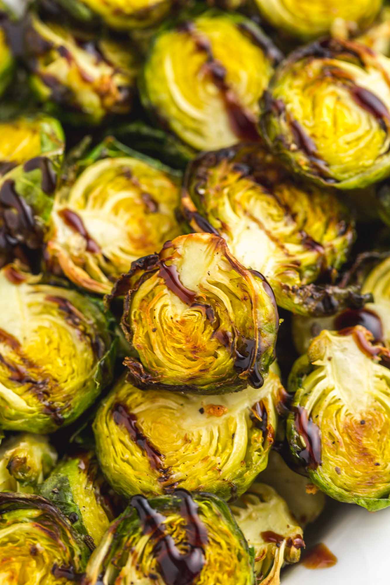 Close up shot of Air Fried brussels sprouts and balsamic glaze