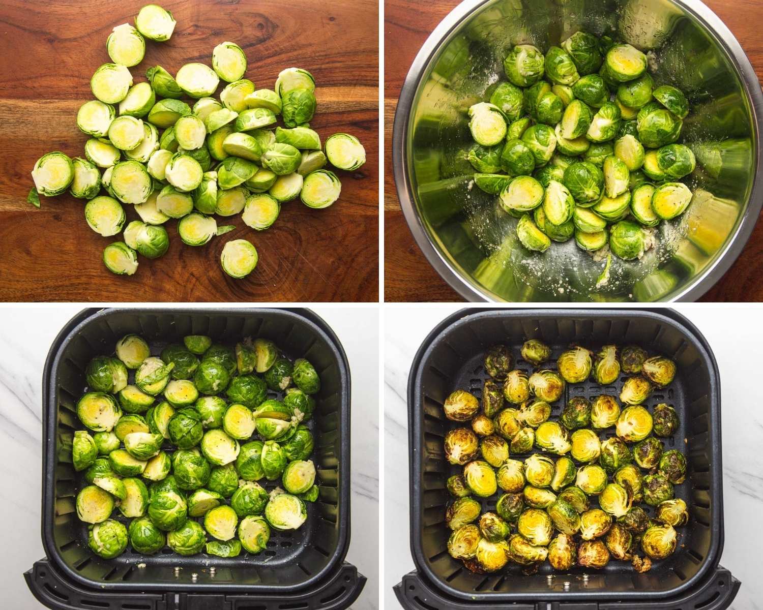 Collage of four images showing how to air fry brussels sprouts
