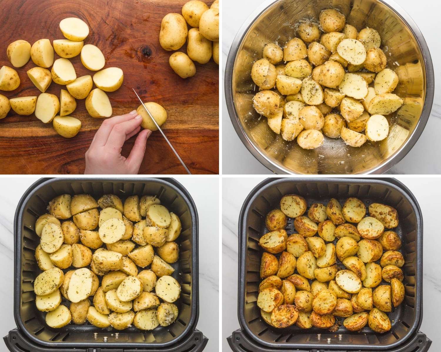 Collage of four images showing how to cut potatoes, season them and air fry.