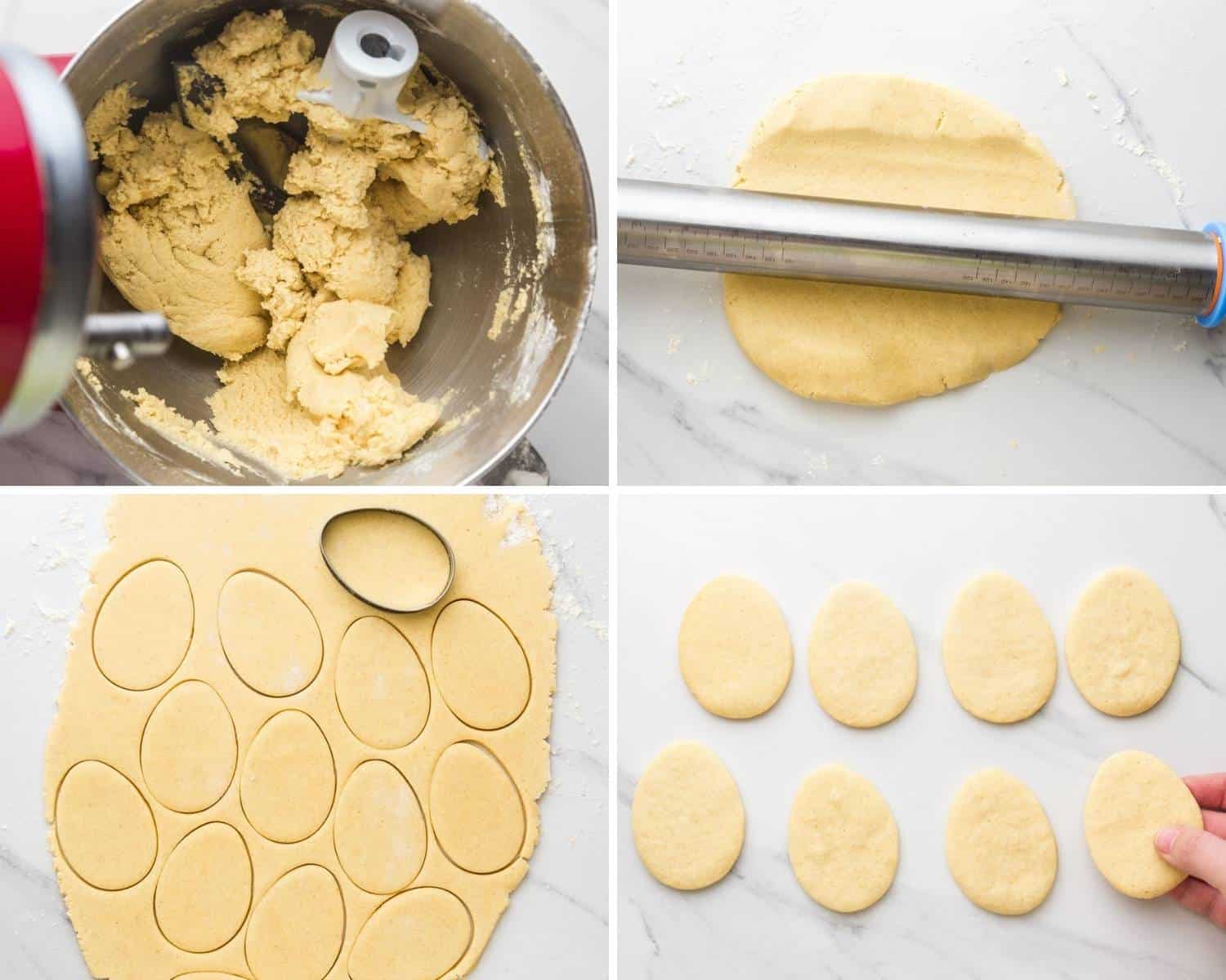 Collage of four images showing how to make sugar cookie dough and cut out egg shapes and bake