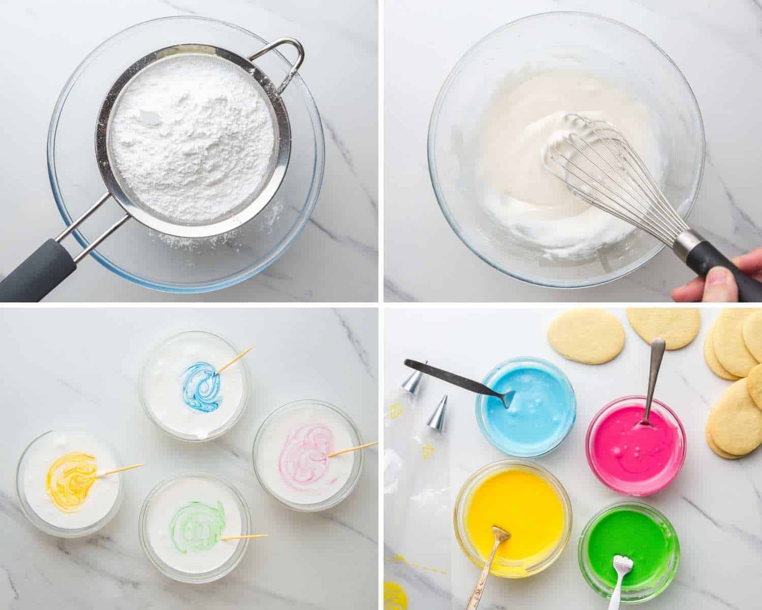 Collage of four images showing how to make royal icing in a bowl and then color it