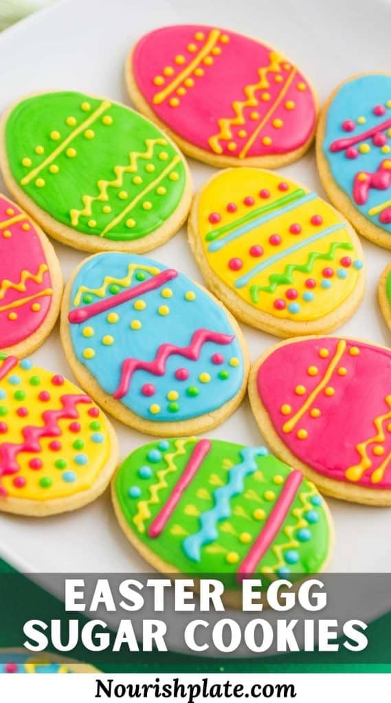 Decorated easter egg sugar cookies on a white plate, and overlay text that says "Easter egg sugar cookies"