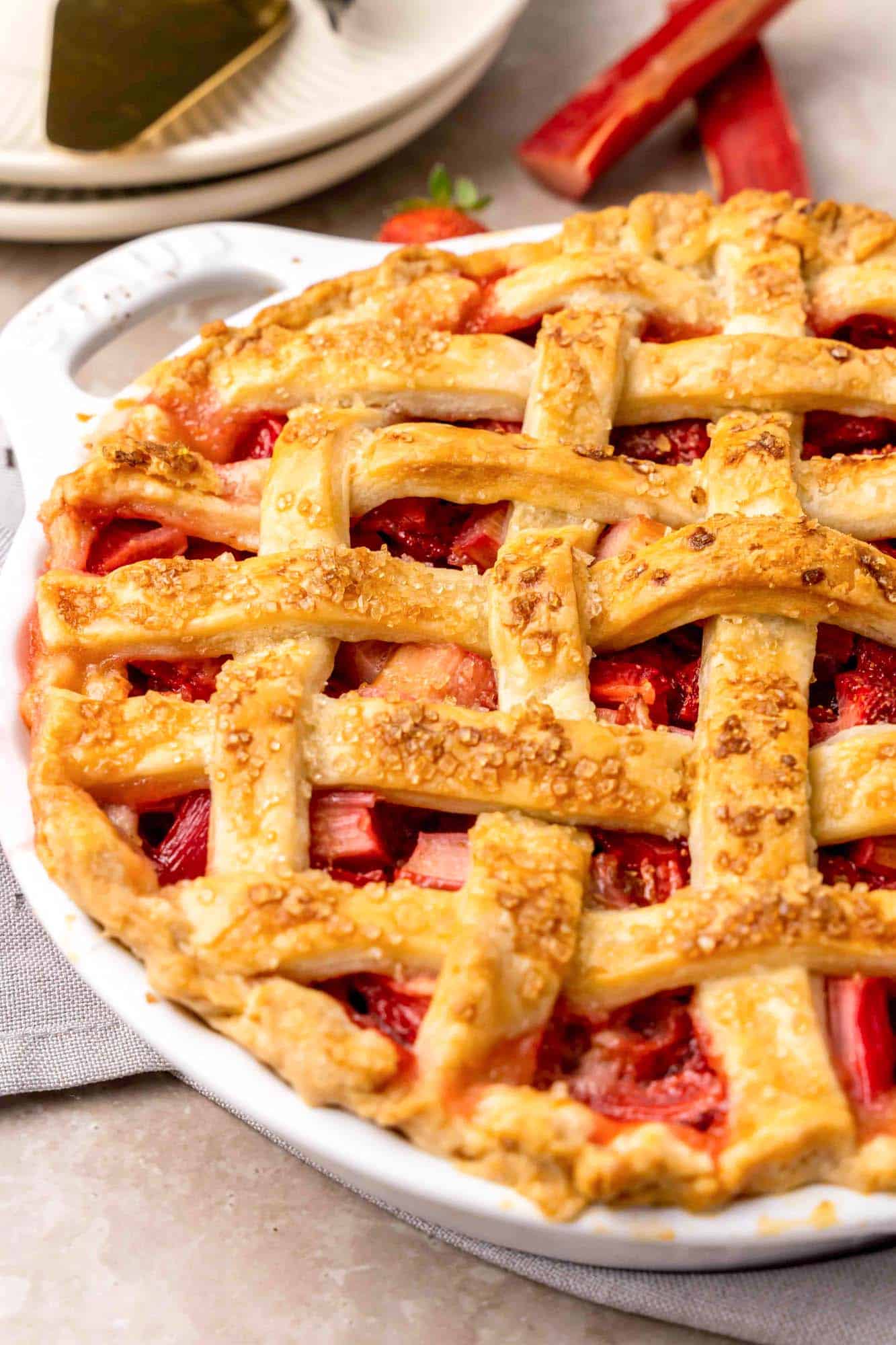 A side photo of the pie made of Strawberry and Rhubarb
