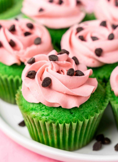 Watermelon like cupcakes with mini chocolate chips as seeds