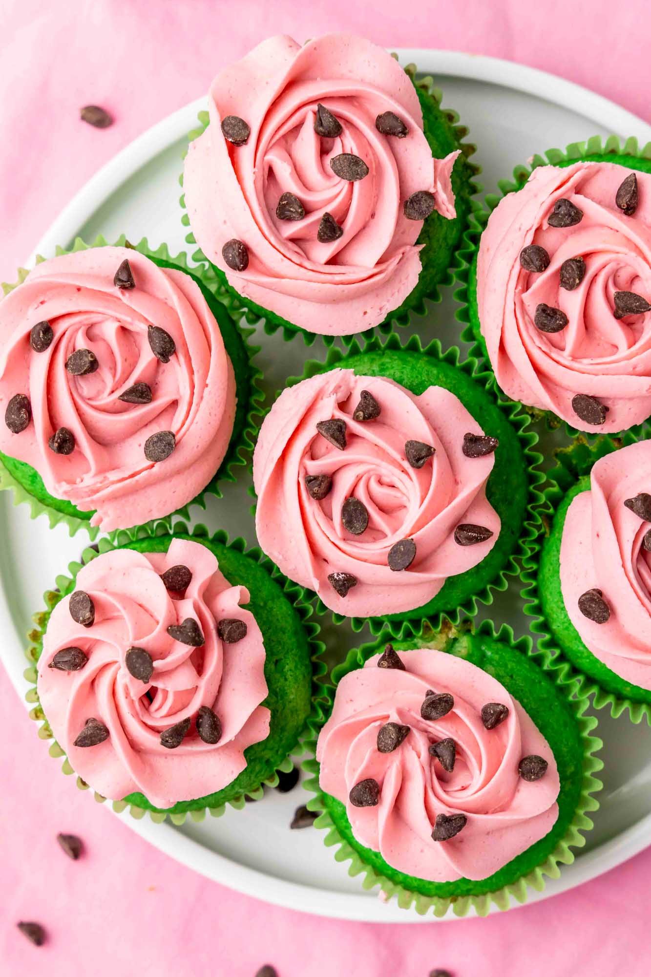 Overhead shot of watermelon cupcakes on a white plate