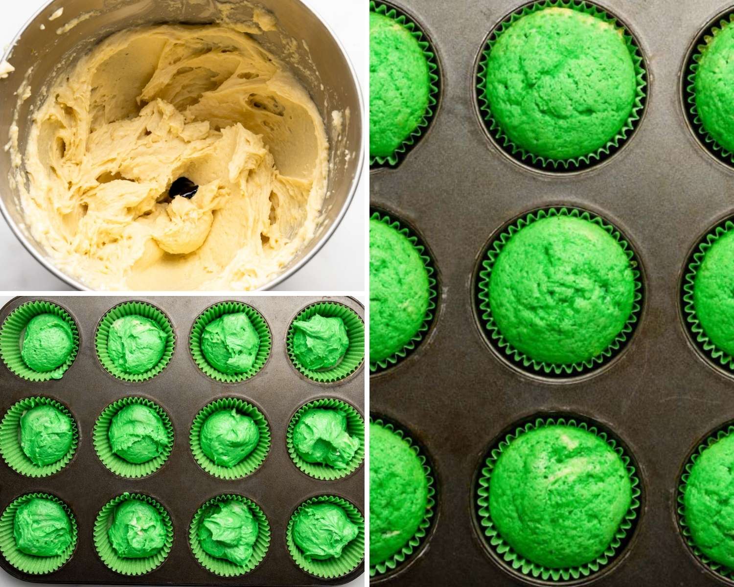 Collage of three images showing how to make cupcake batter and bake in pan