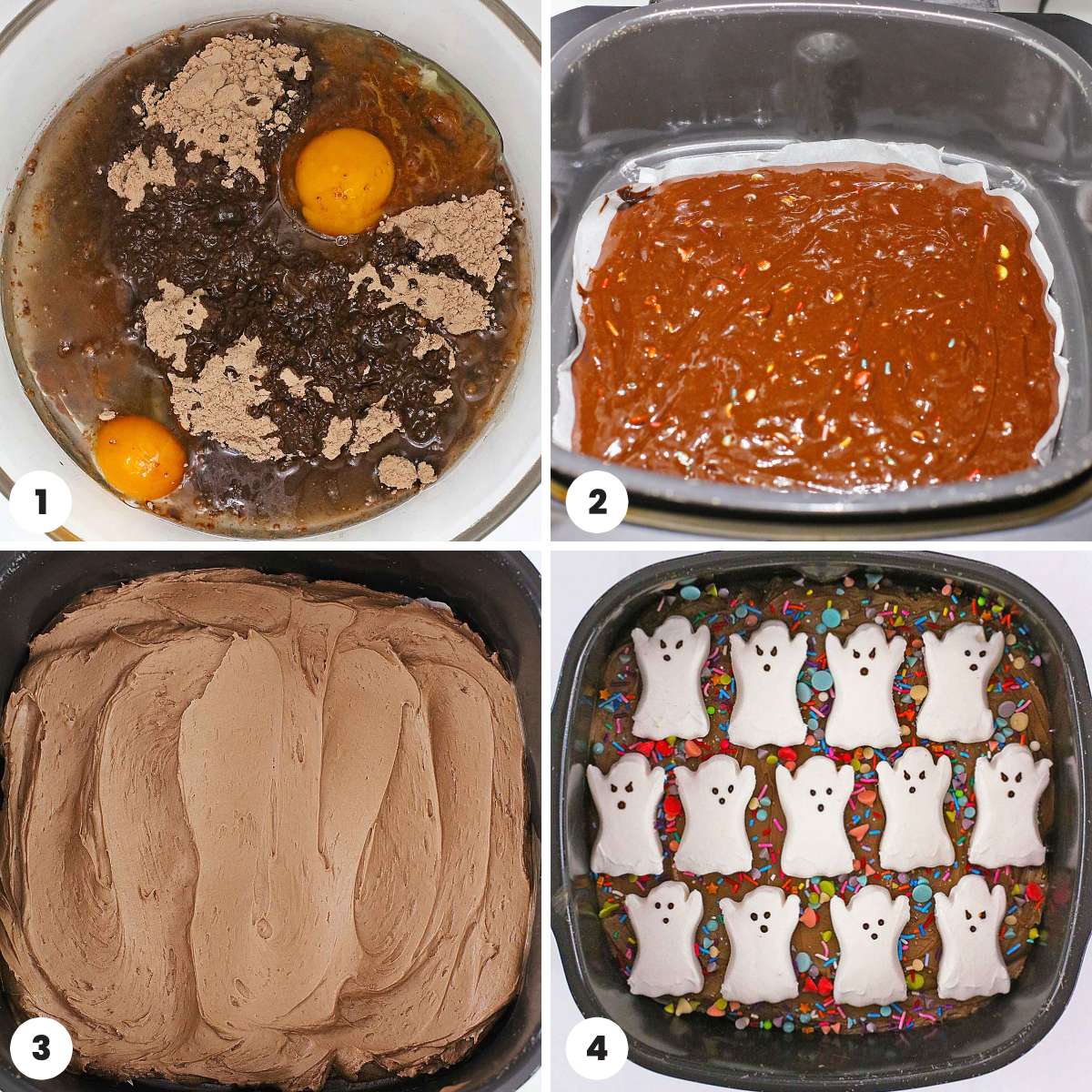 collage of 4 images showing how to make air fryer brownies