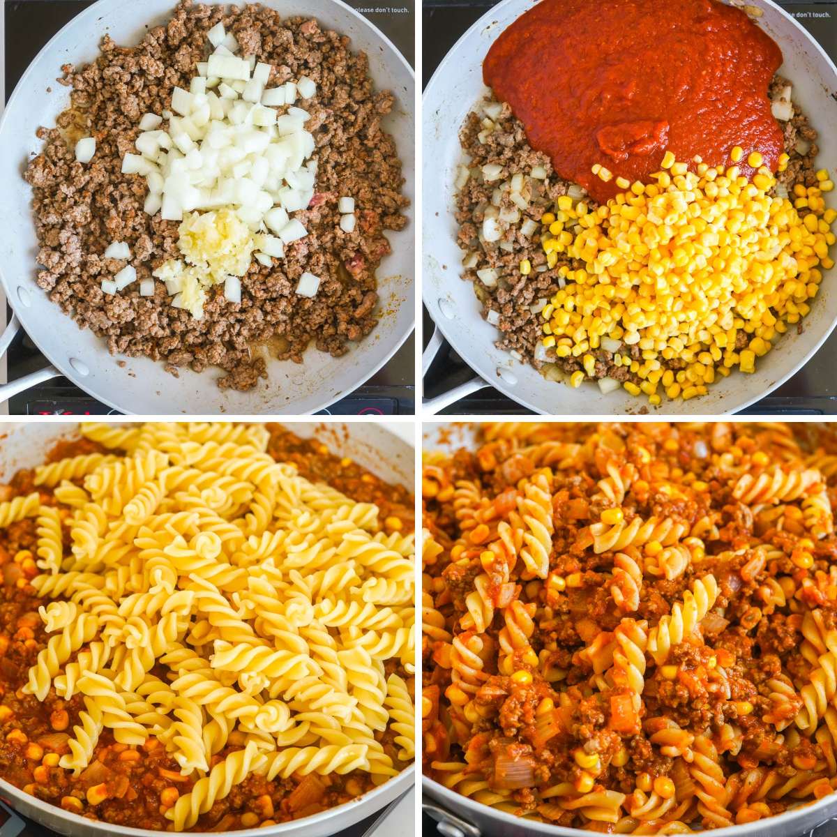 Collage of four images showing how to cook ground beef, make the sauce and add the pasta