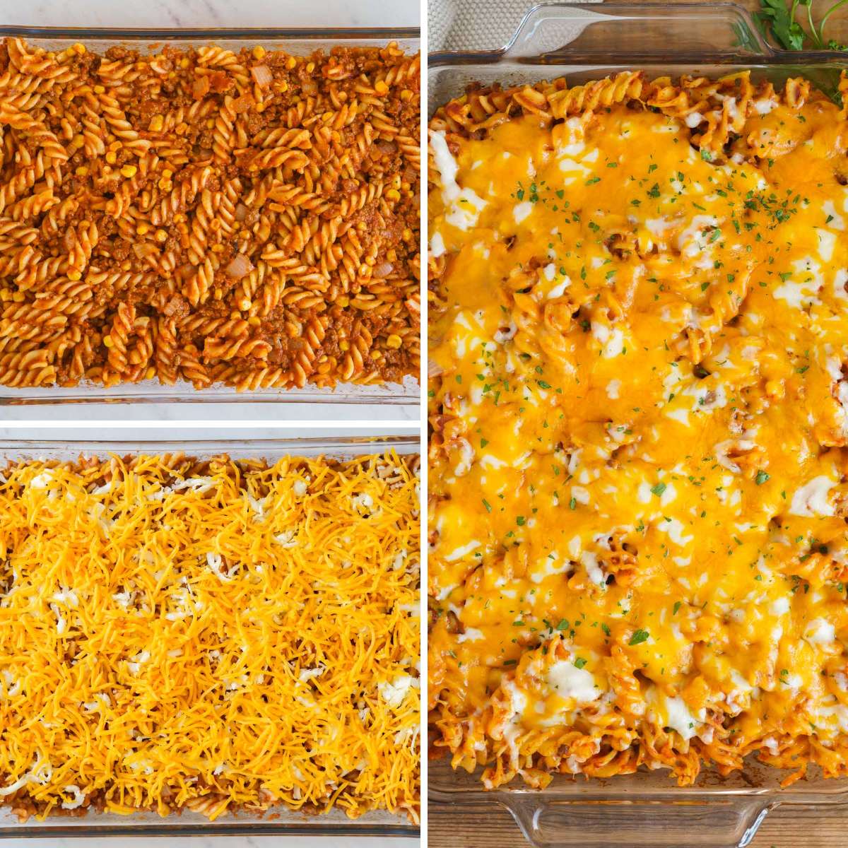 Collage of three images showing how to assemble and bake ground beef casserole