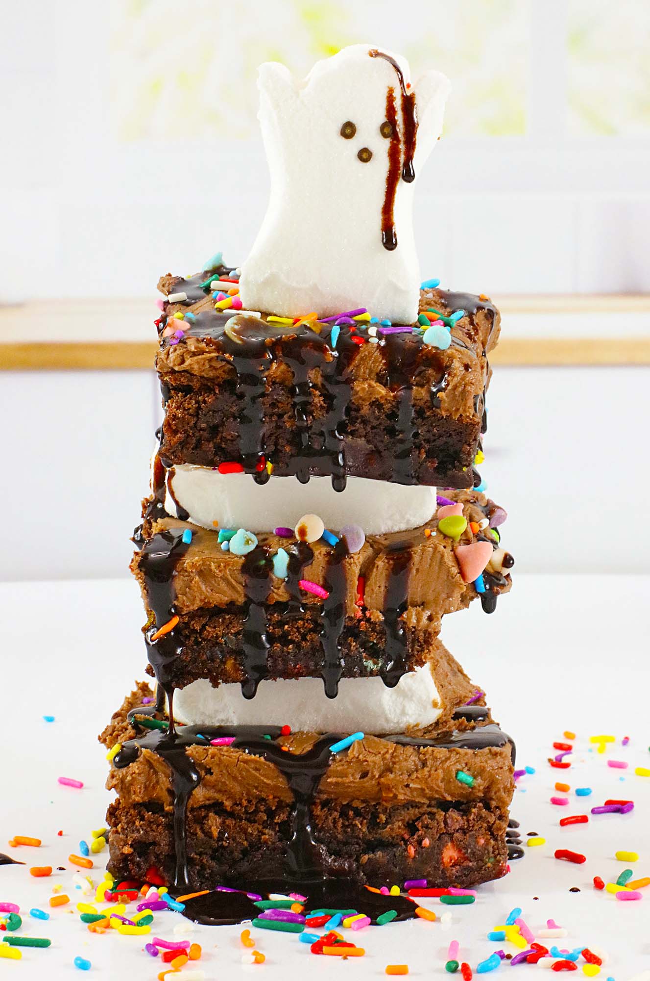 Stacked brownie pieces with a peeps ghost on top