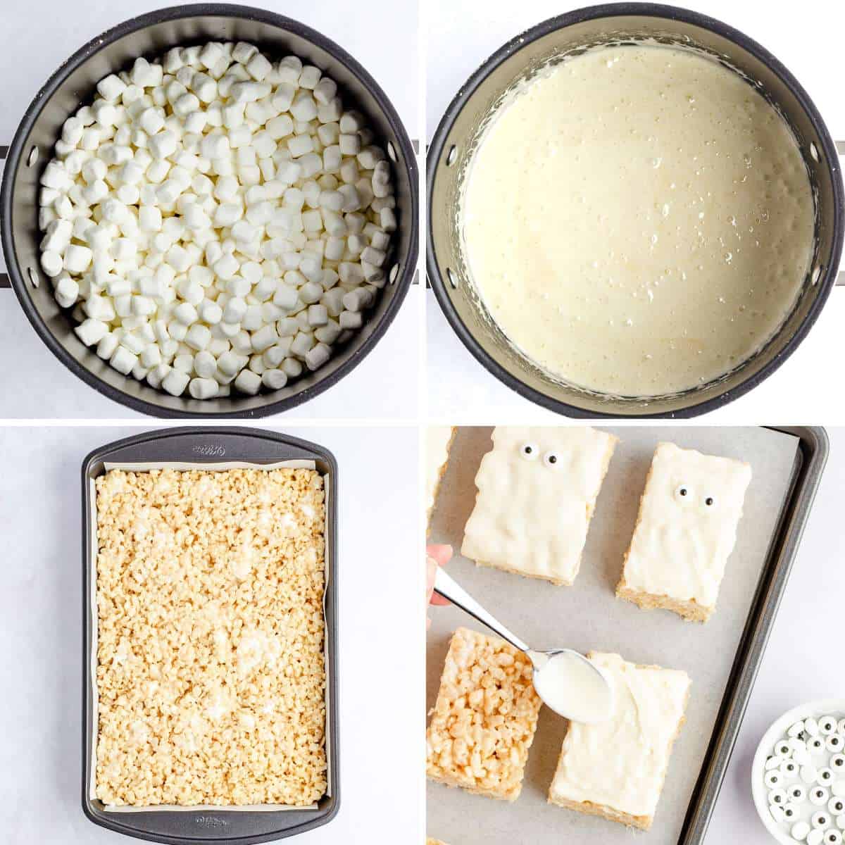 Collage of four images showing how to make Rice Krispie treats and decorate them to look like mummies