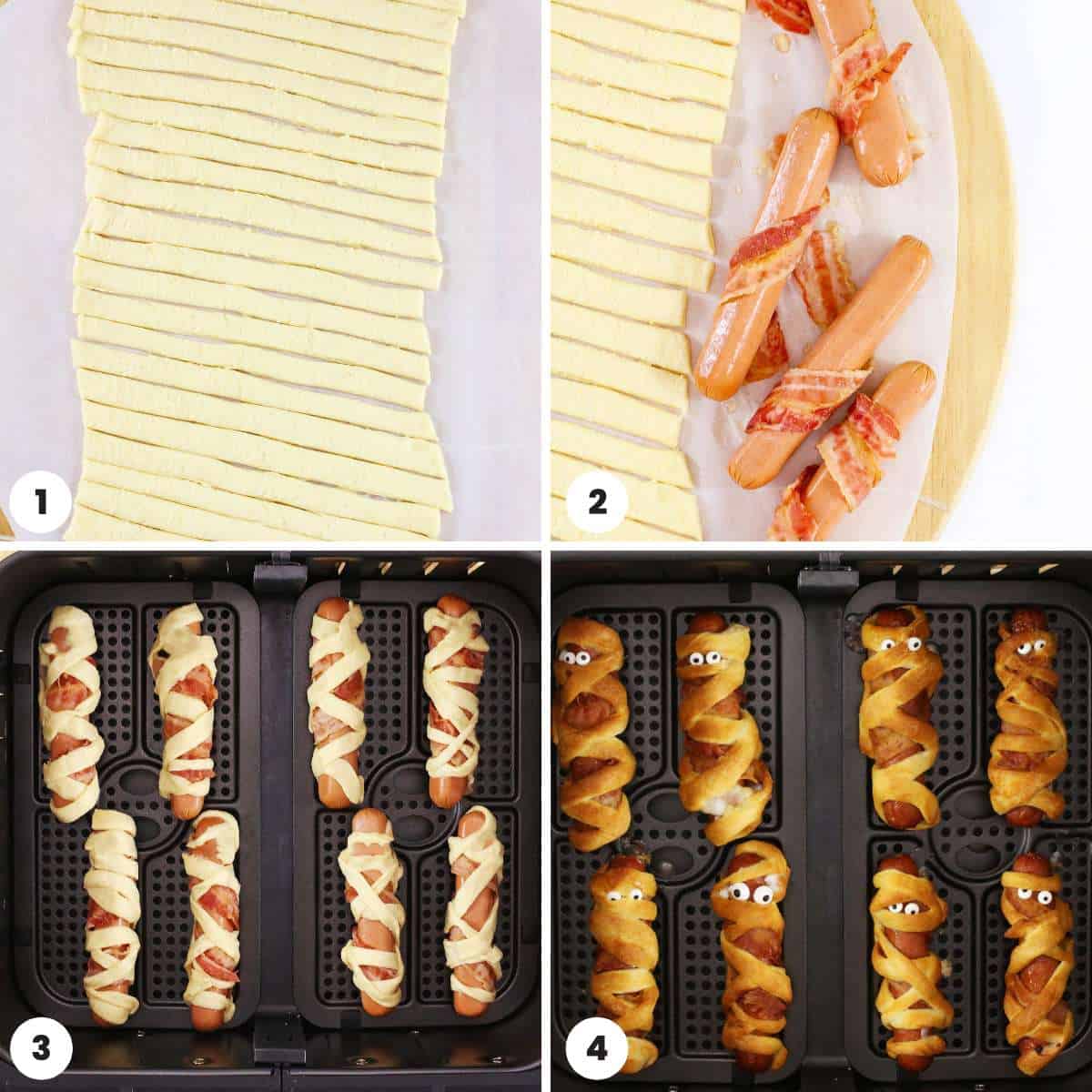 Collage of four images showing how to make mummy hot dogs with bacon
