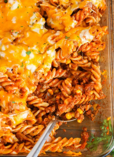 Ground beef casserole with pasta in a casserole dish