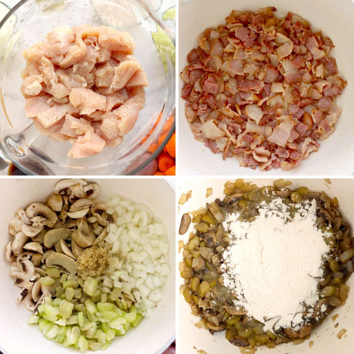 Collage of four pictures showing how to make chicken stew.