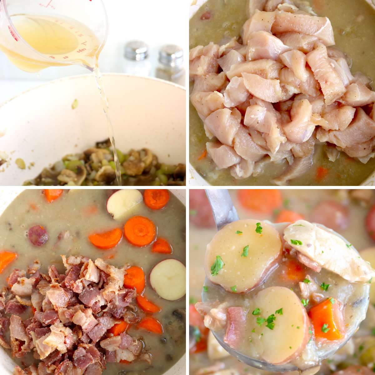 Collage of four images showing how to make chicken stew.