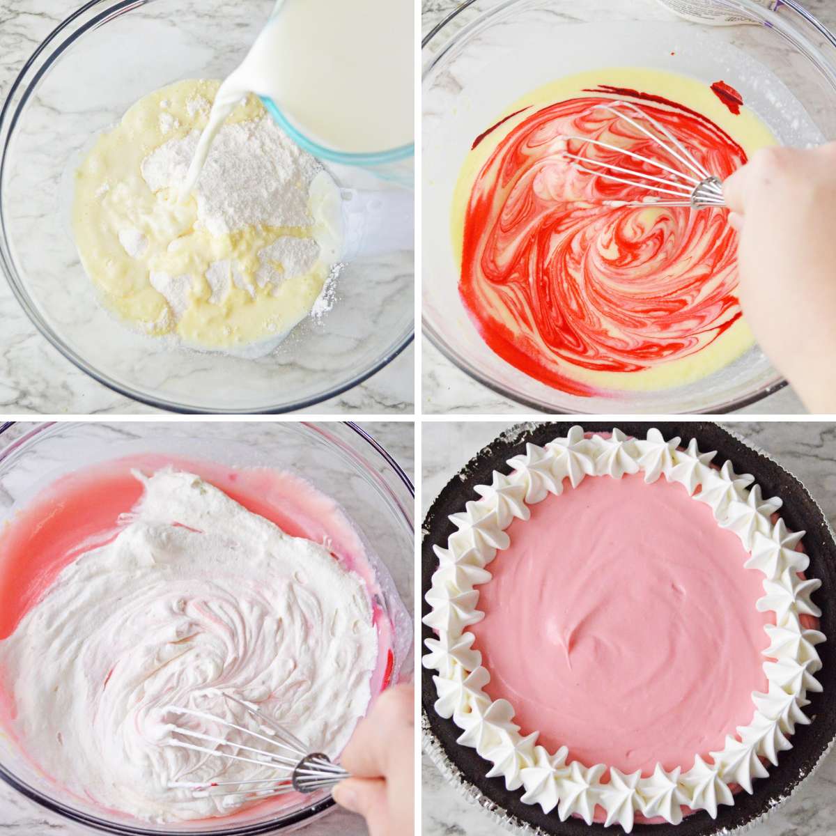 Collage of four images showing how to make a peppermint pie