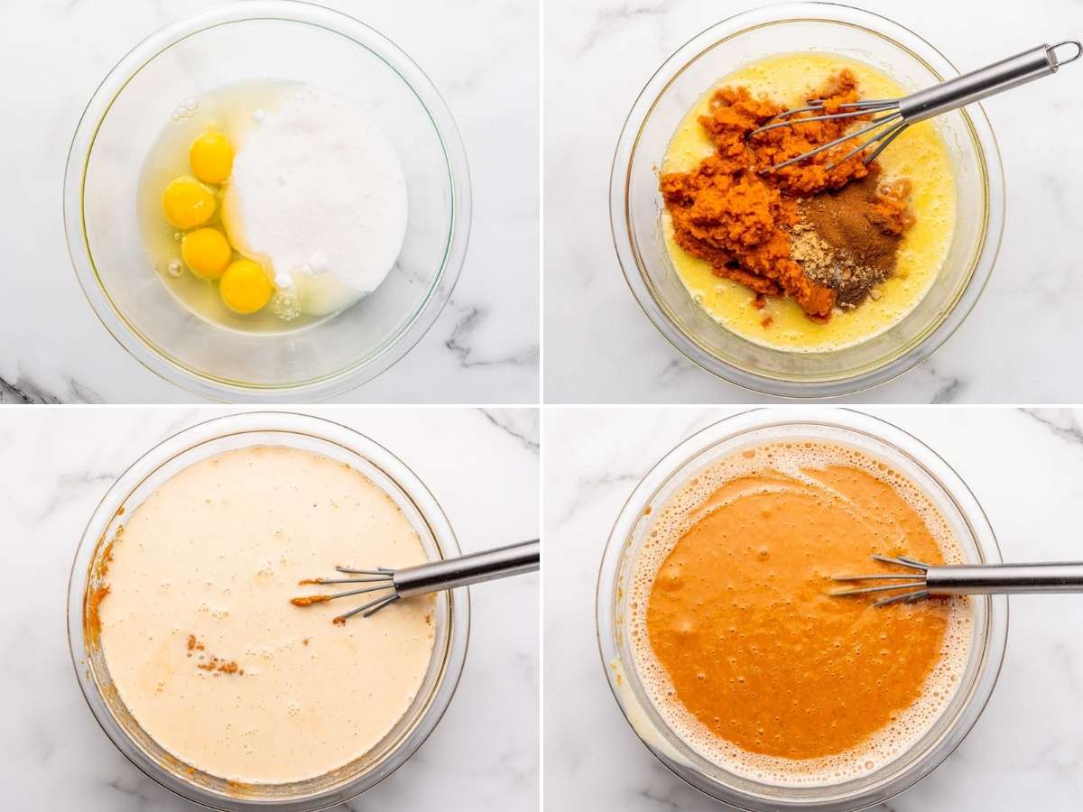 Collage of 4 images showing how to make pumpkin pie batter
