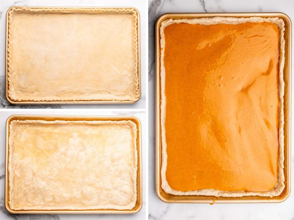 Collage of three images showing how to make pumpkin slab pie