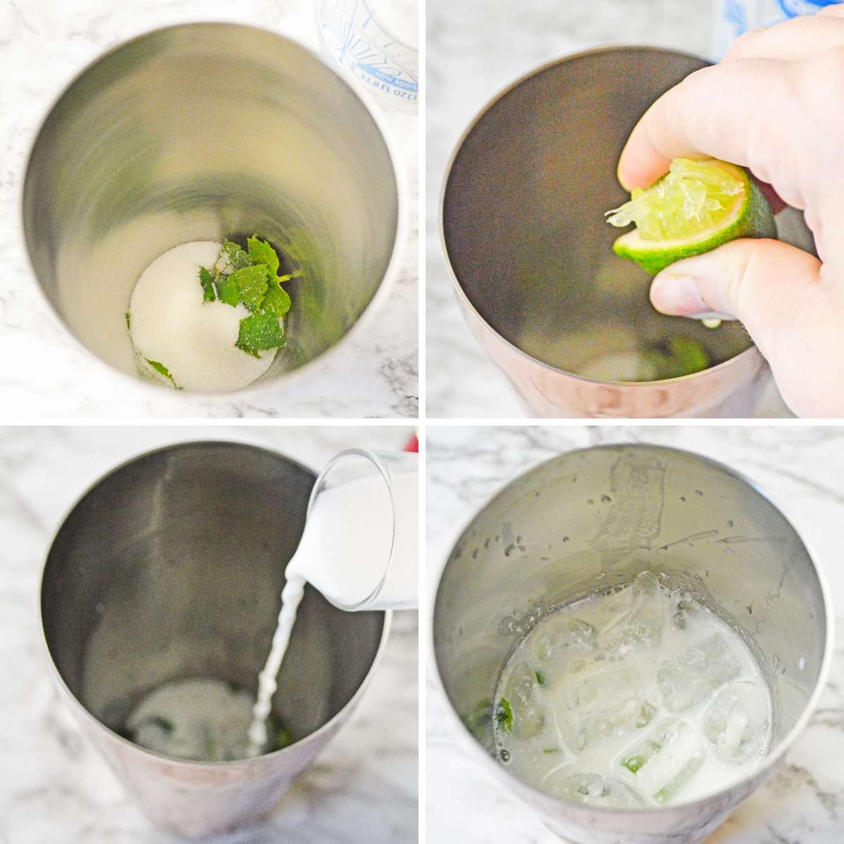 Collage of four images showing how to make a white mojito