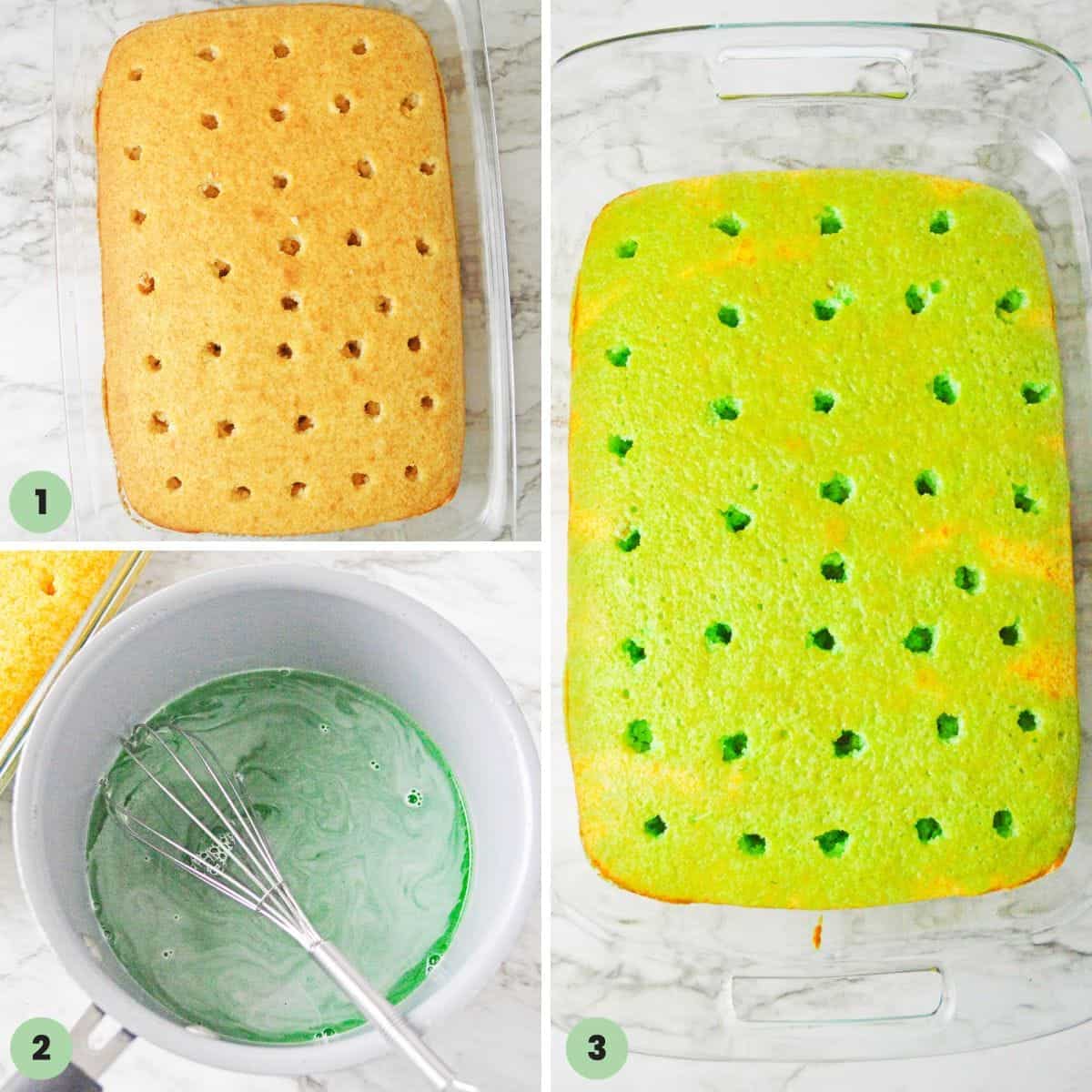 Collage of 3 images showing how to bake a white cake, poke it, and fill it with lime jello.