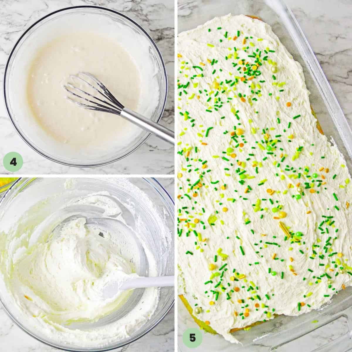 Collage of 3 images showing how to make cake frosting, and frost the cake.